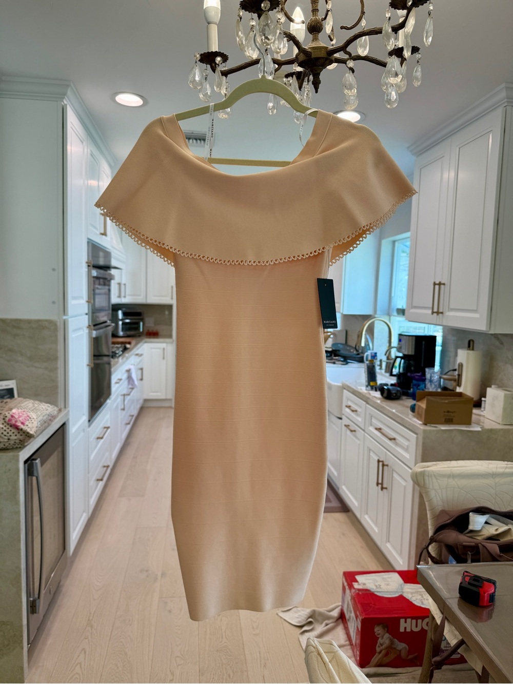 Marciano Blush Cream Off-Shoulder Ruffle Midi Dress